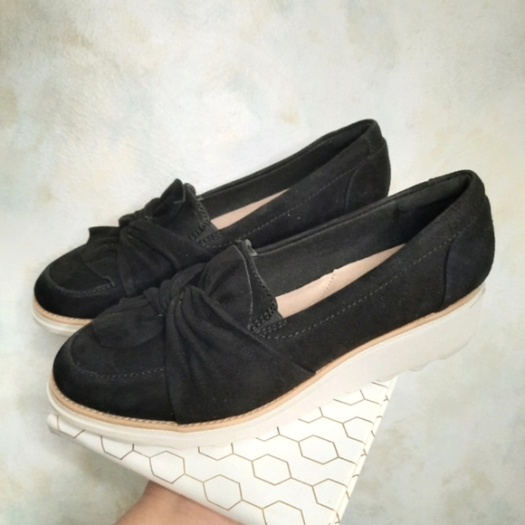 Clarks Sharon Dasher Platform Loafers Comfort Shoes Suede NEW Black